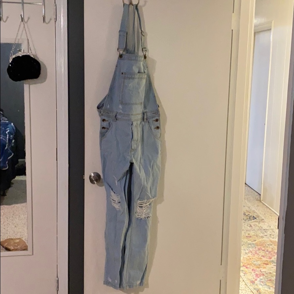 Distressed blue jean BDG overalls